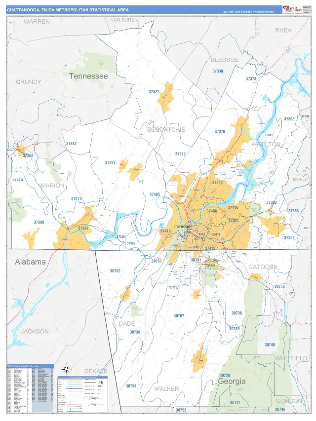 Chattanooga Metro Area ZIP Code Wall Map, Business Reference style