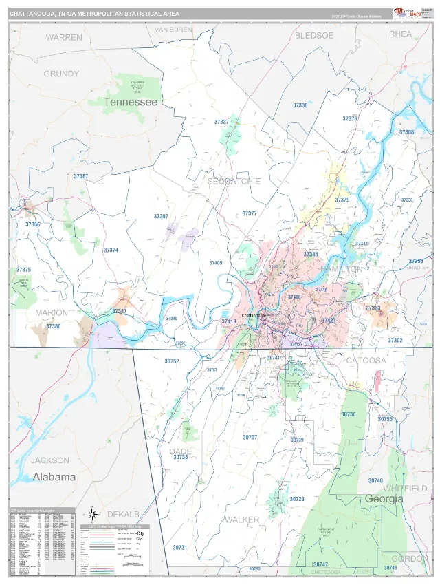 Chattanooga Metro Area ZIP Code Wall Map, Classic style