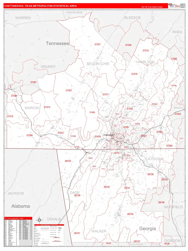 Chattanooga Metro Area ZIP Code Wall Map, RedLine style