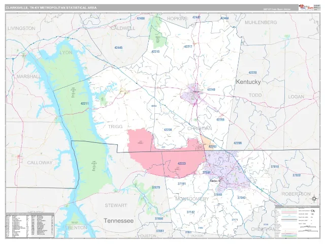 Clarksville Metro Area ZIP Code Wall Map, Classic style