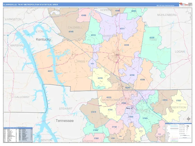 Clarksville Metro Area ZIP Code Wall Map, ColorCast style