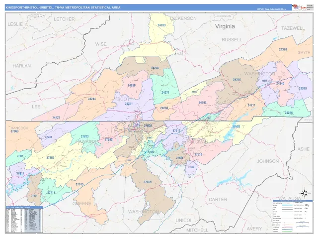 Kingsport-Bristol-Bristol Metro Area ZIP Code Wall Map, ColorCast style