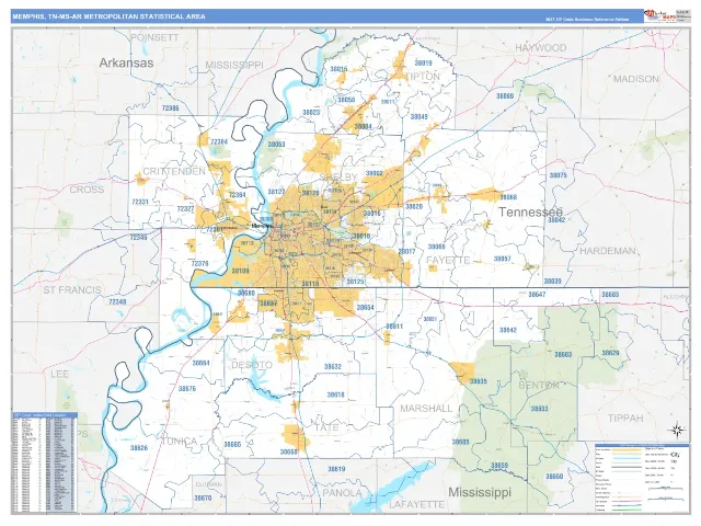 Memphis Metro Area ZIP Code Wall Map, Business Reference style