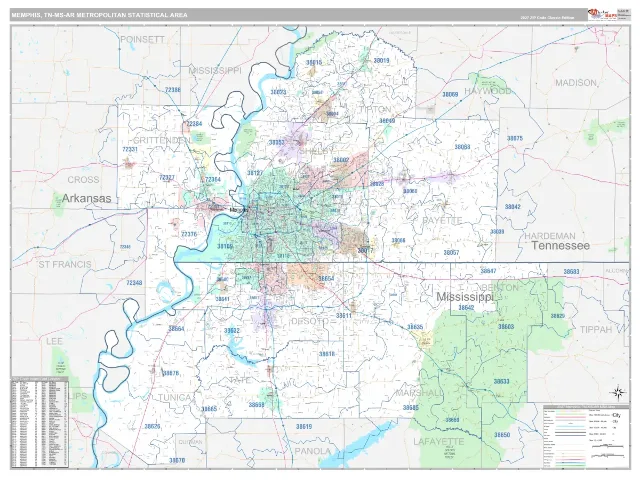 Memphis Metro Area ZIP Code Wall Map, Classic style
