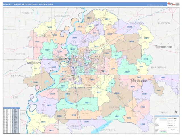 Memphis Metro Area ZIP Code Wall Map, ColorCast style