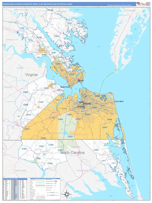 Virginia Beach-Norfolk-Newport News Metro Area ZIP Code Wall Map, Business Reference style
