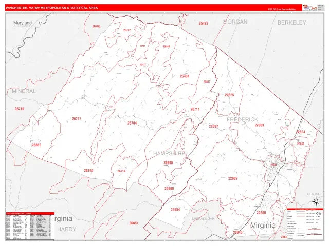 Winchester Metro Area ZIP Code Wall Map, RedLine style