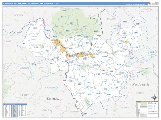 Huntington-Ashland Metro Area ZIP Code Wall Map, Business Reference style