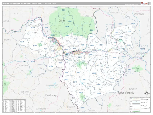 Huntington-Ashland Metro Area ZIP Code Wall Map, Classic style