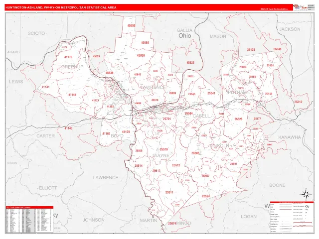 Huntington-Ashland Metro Area ZIP Code Wall Map, RedLine style