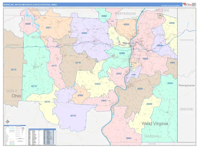Wheeling Metro Area ZIP Code Wall Map, ColorCast style