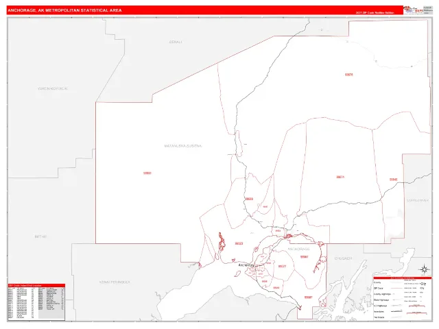 Anchorage Metro Area ZIP Code Wall Map, RedLine style