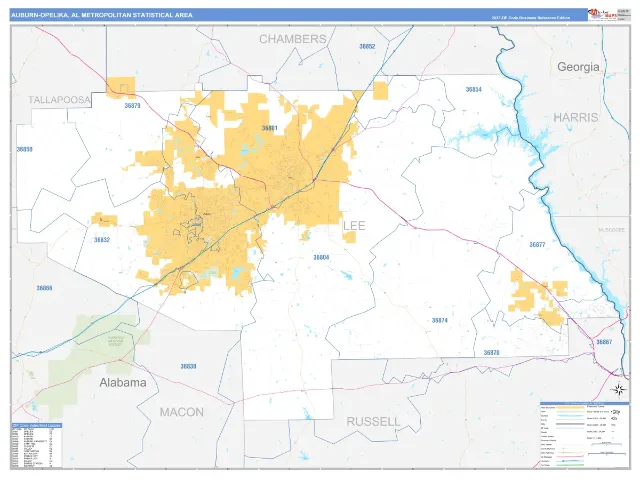 Auburn-Opelika Metro Area ZIP Code Wall Map, Business Reference style