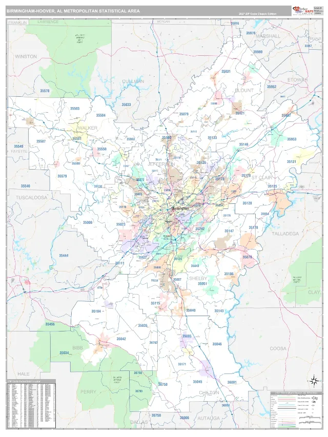 Birmingham-Hoover Metro Area ZIP Code Wall Map, Classic style