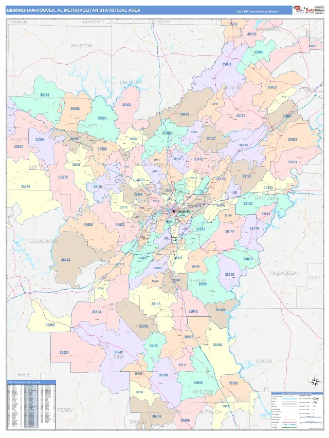 Birmingham-Hoover Metro Area ZIP Code Wall Map, ColorCast style