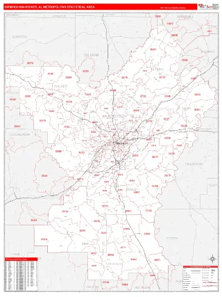 Birmingham-Hoover Metro Area RedLine style ZIP Code wall map