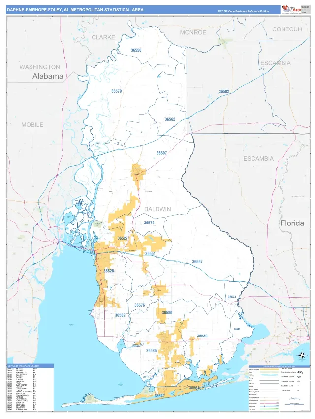 Daphne-Fairhope-Foley Metro Area ZIP Code Wall Map, Business Reference style