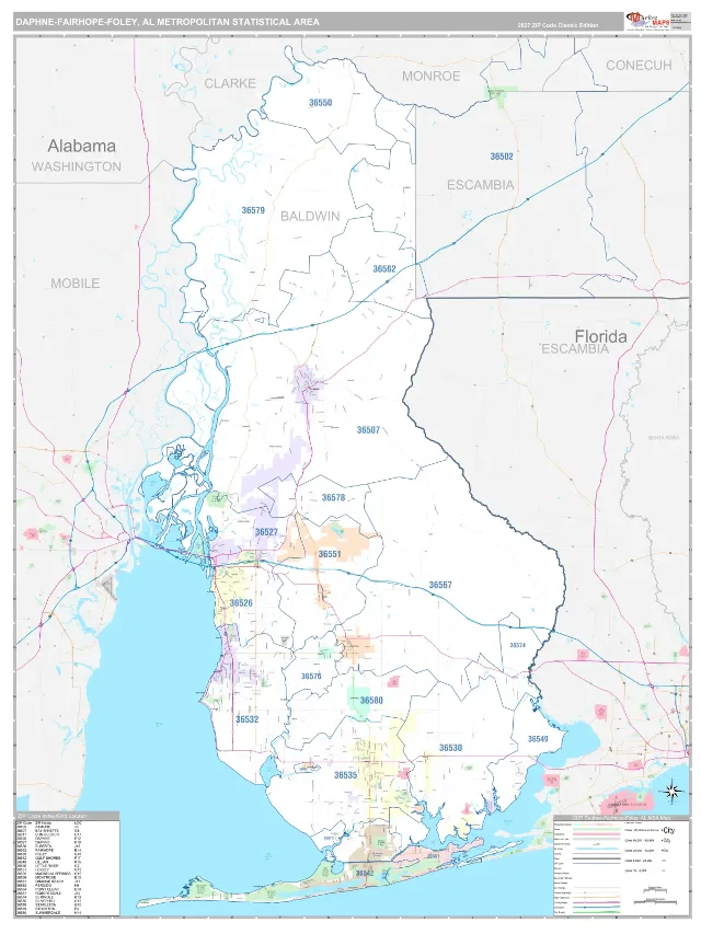 Daphne-Fairhope-Foley Metro Area ZIP Code Wall Map, Classic style