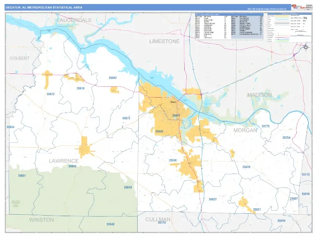Decatur Metro Area ZIP Code Wall Map, Business Reference style