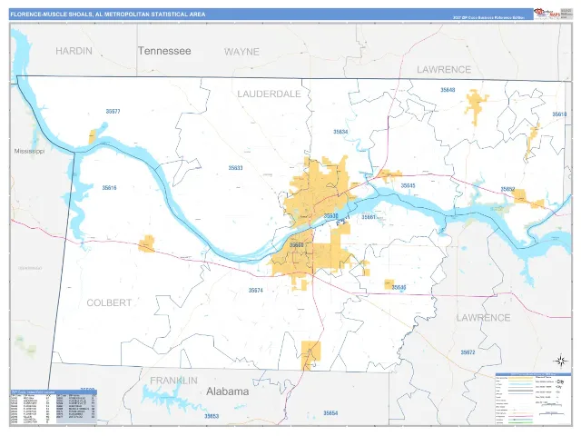 Florence-Muscle Shoals Metro Area ZIP Code Wall Map, Business Reference style