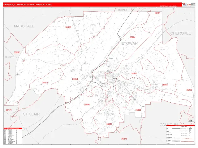 Gadsden Metro Area ZIP Code Wall Map, RedLine style