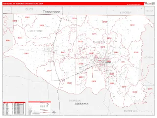 Huntsville Metro Area RedLine style ZIP Code wall map