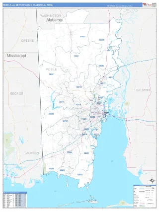 Mobile Metro Area Business Reference style ZIP Code wall map