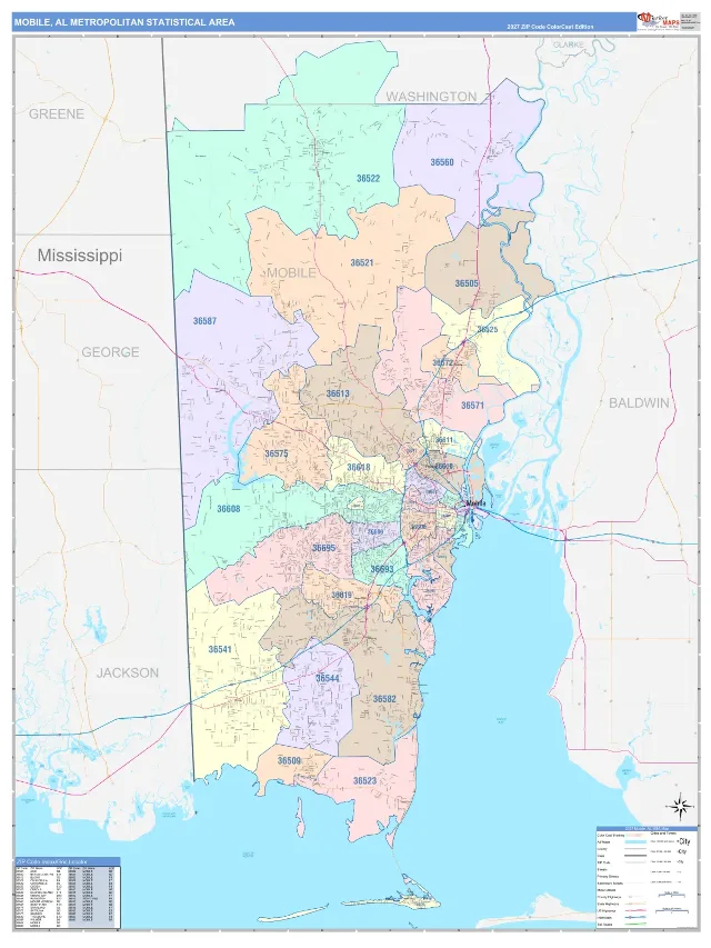 Mobile Metro Area ZIP Code Wall Map, ColorCast style