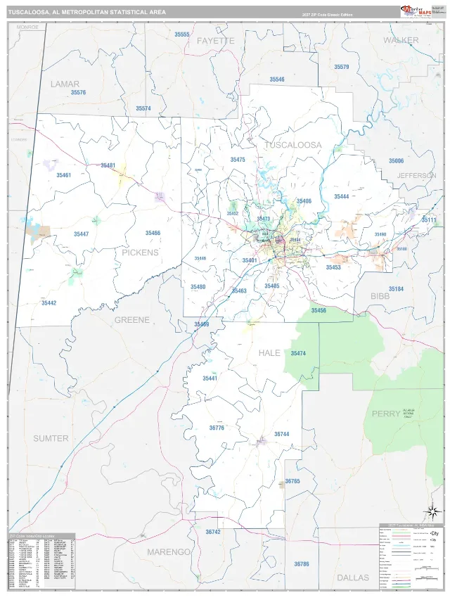Tuscaloosa Metro Area ZIP Code Wall Map, Classic style