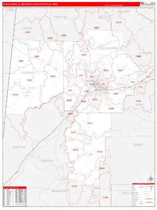 Tuscaloosa Metro Area RedLine style ZIP Code wall map
