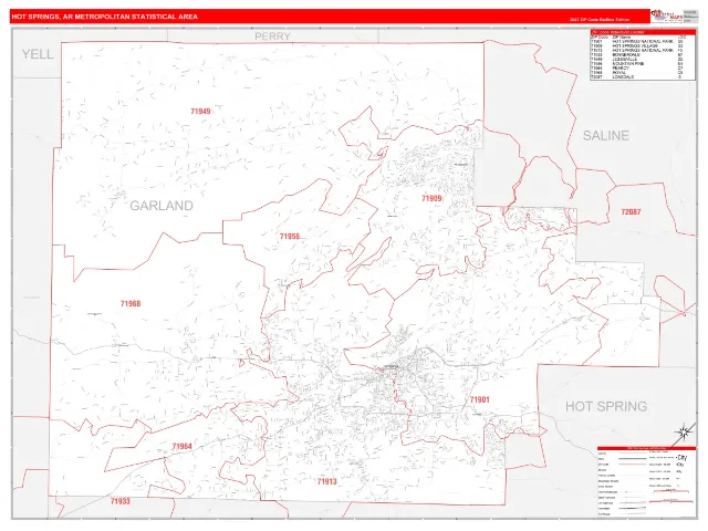 Hot Springs Metro Area ZIP Code Wall Map, RedLine style