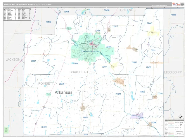 Jonesboro Metro Area ZIP Code Wall Map, Classic style