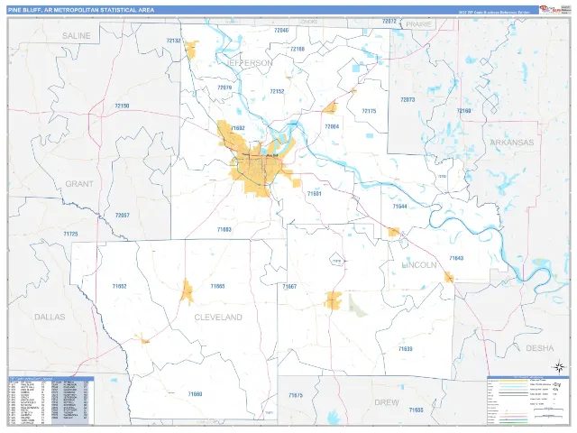 Pine Bluff Metro Area ZIP Code Wall Map, Business Reference style