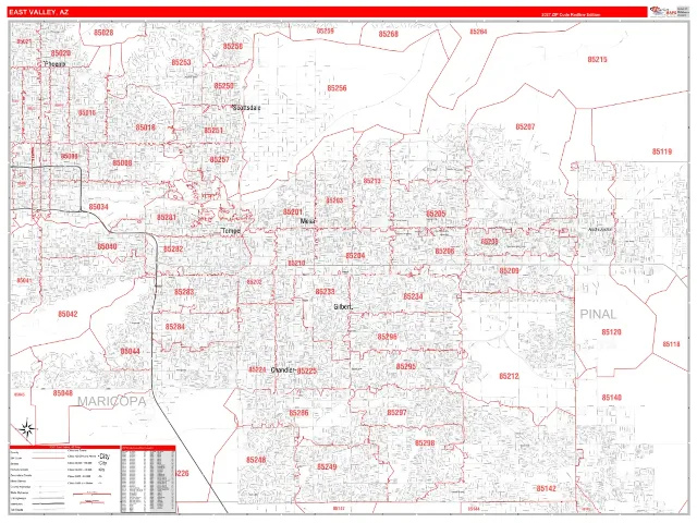 East Valley Metro Area ZIP Code Wall Map, RedLine style