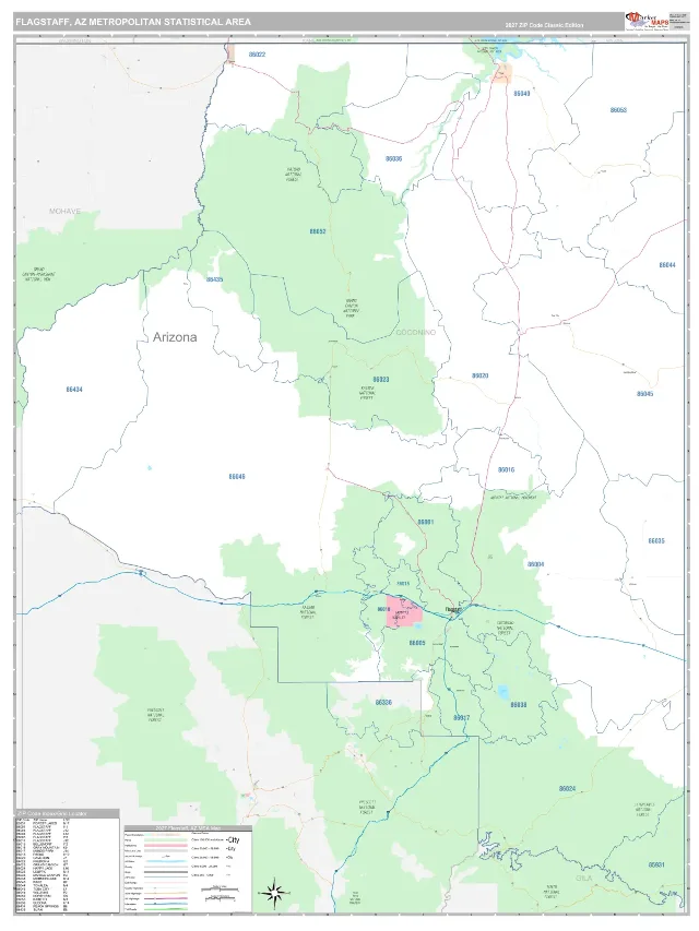 Flagstaff Metro Area ZIP Code Wall Map, Classic style