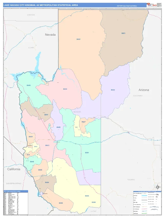 Lake Havasu City-Kingman Metro Area ZIP Code Wall Map, ColorCast style
