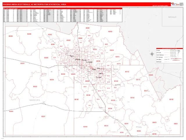 Phoenix-Mesa-Scottsdale Metro Area ZIP Code Wall Map, RedLine style