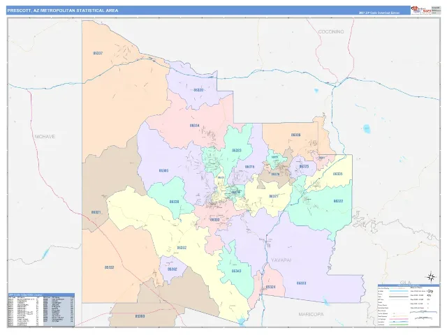 Prescott Metro Area ZIP Code Wall Map, ColorCast style