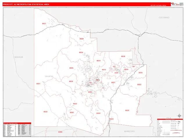 Prescott Metro Area ZIP Code Wall Map, RedLine style