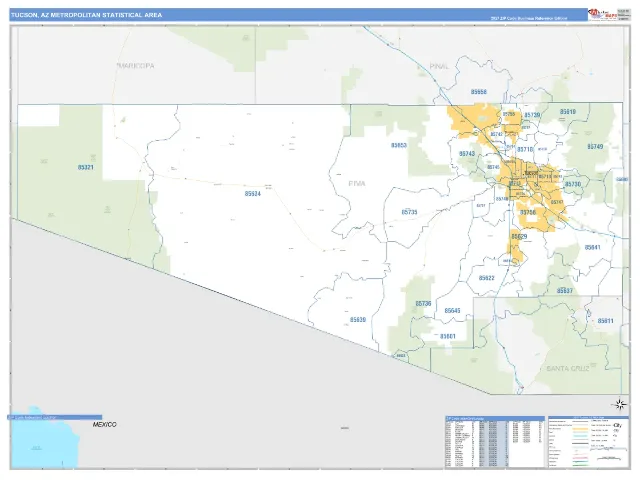 Tucson Metro Area ZIP Code Wall Map, Business Reference style