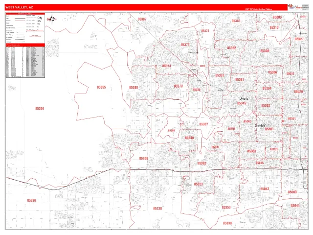 West Valley Metro Area ZIP Code Wall Map, RedLine style