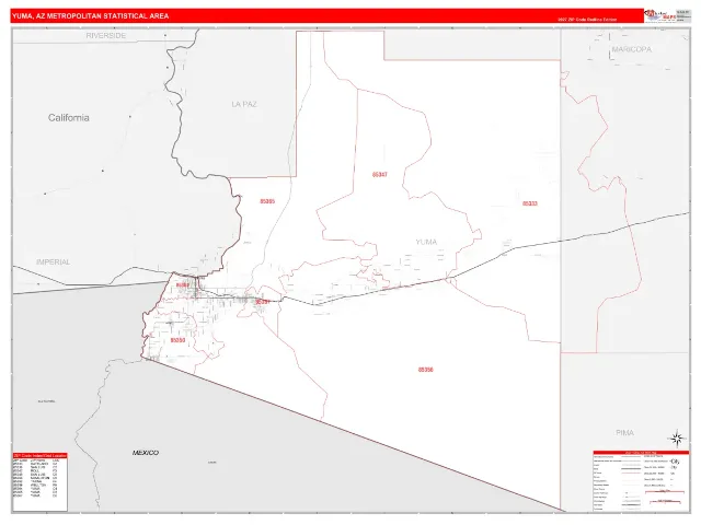 Yuma Metro Area ZIP Code Wall Map, RedLine style