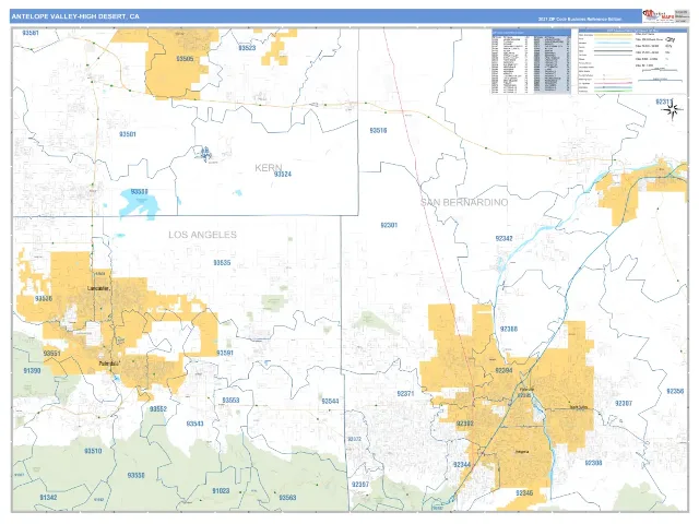 Antelope Valley-High Desert Metro Area ZIP Code Wall Map, Business Reference style