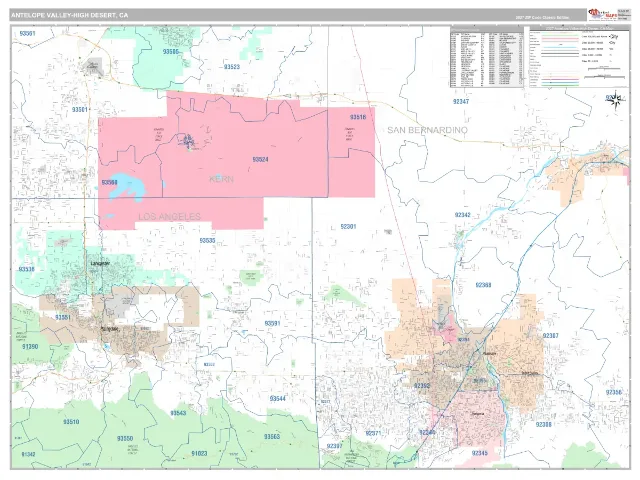 Antelope Valley-High Desert Metro Area ZIP Code Wall Map, Classic style