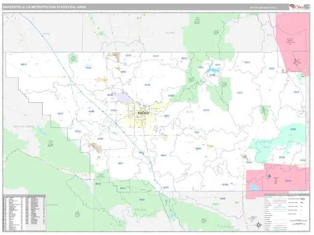 Bakersfield Metro Area ZIP Code Wall Map, Classic style