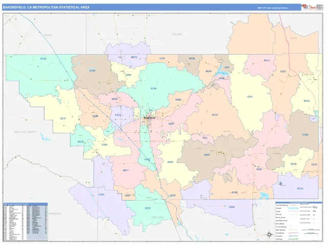 Bakersfield Metro Area ZIP Code Wall Map, ColorCast style