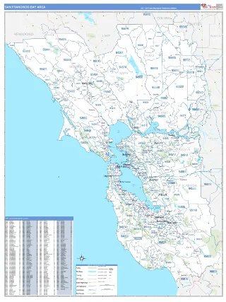 Bay Area Metro Area Business Reference style ZIP Code wall map