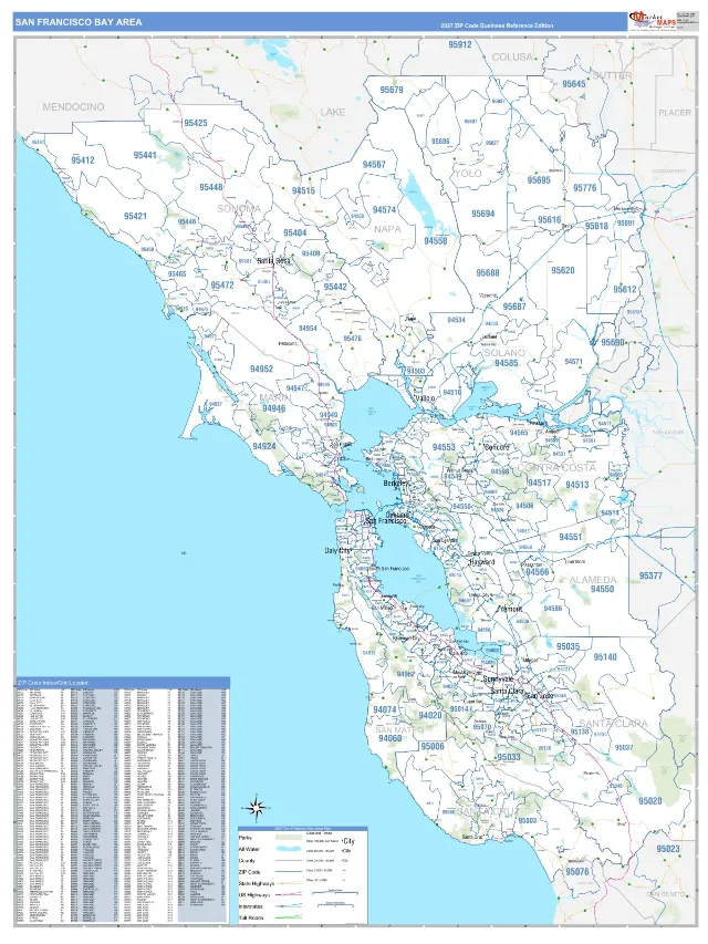Bay Area Metro Area ZIP Code Wall Map, Business Reference style