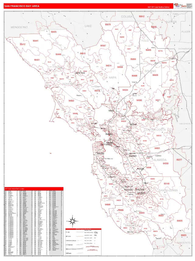 Bay Area Metro Area ZIP Code Wall Map, RedLine style