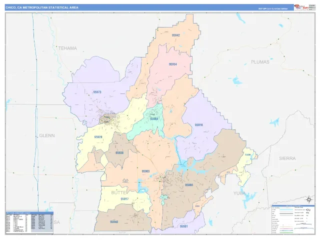 Chico Metro Area ZIP Code Wall Map, ColorCast style